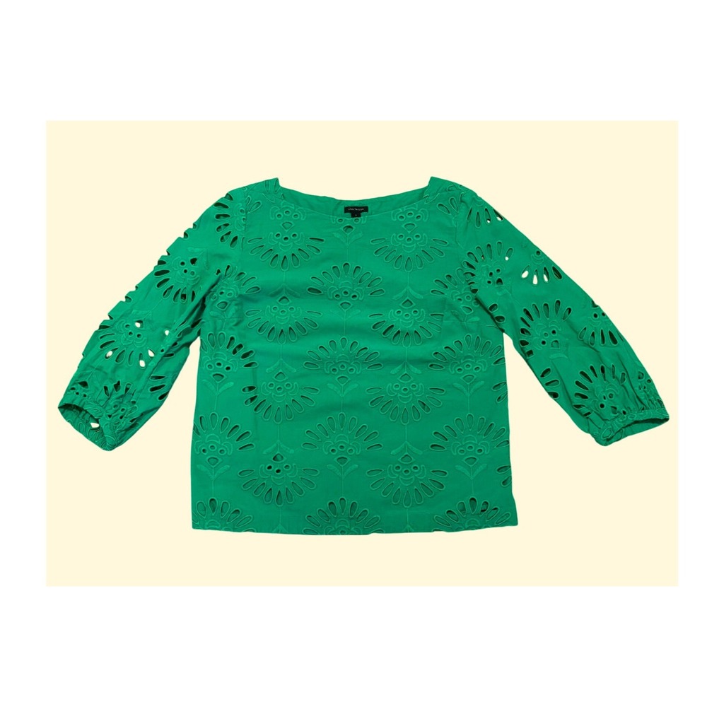 Ann Taylor Green Floral Eyelet Embroidered 3/4 Sleeve Cotton Blouse Small